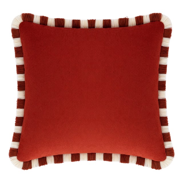 Bicolor Brick Velvet Cushion with Brick and White Fringes by Lo Decor For Sale