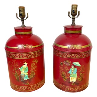 Pair English Chinoiserie Red Tole & Gilt Painted Tea Caddy Lamps, 20th Century For Sale