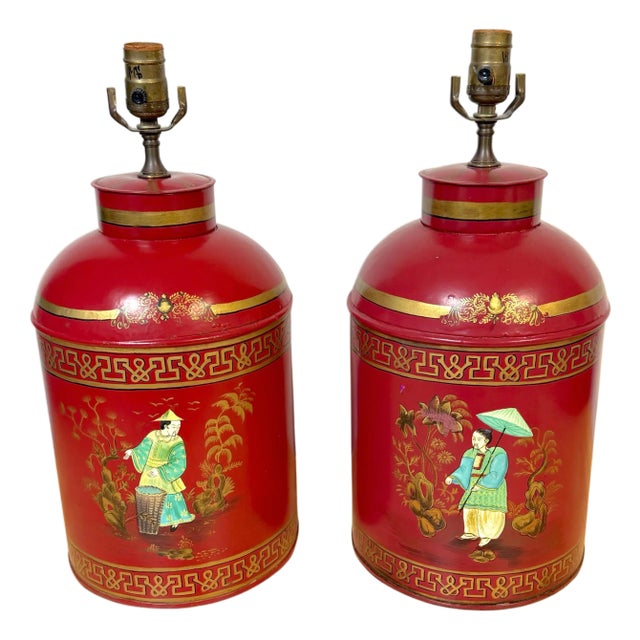Pair English Chinoiserie Red Tole & Gilt Painted Tea Caddy Lamps, 20th Century For Sale