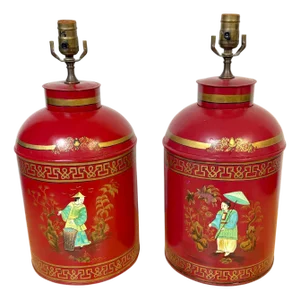 Pair English Chinoiserie Red Tole & Gilt Painted Tea Caddy Lamps, 20th Century
