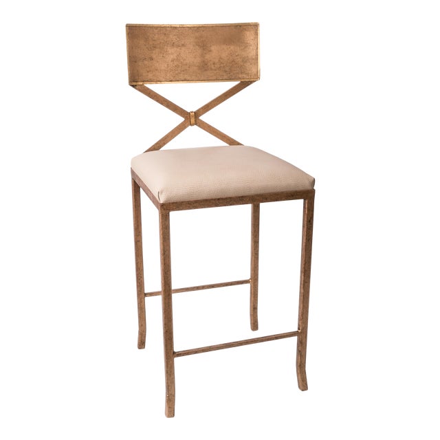 Iron Barstool in an Aged Gold Finish With Faux Ostrich Seat For Sale