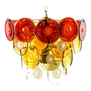 Vistosi Crimson, Amber & White Murano Glass Disk Chandelier, Brass, 1960s For Sale