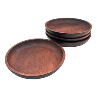 Mid 20th Century Turned and Lathed Black Walnut Wood Plates, Set of 4 For Sale