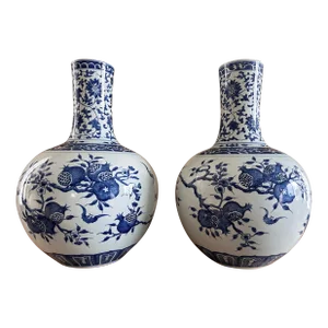 Pair of Large Antique Chinese Blue & White Chinoiserie Pomegranate Bat Floral Tianqiuping Vases
