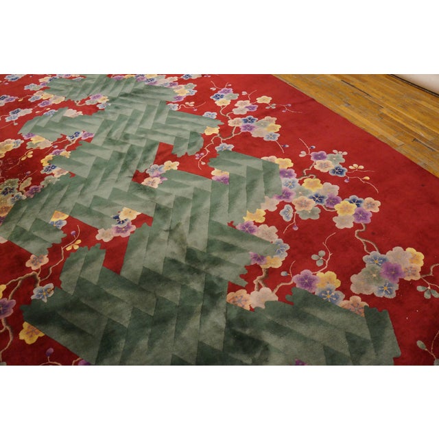 1920s Red Claret Abstract Floral Antique Chinese Art Deco Rug 10'x17' 6" Handknotted Wool Carpet For Sale - Image 4 of 5