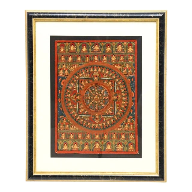 1950s Hand Painted Tibetan Buddhist Mandala Thangka on Cloth, Framed For Sale