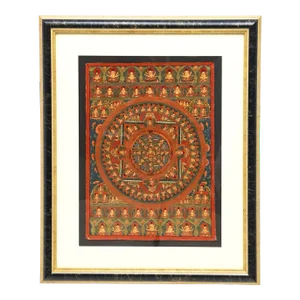 1950s Tibetan Buddhist Mandala Thangka on Cloth, Framed