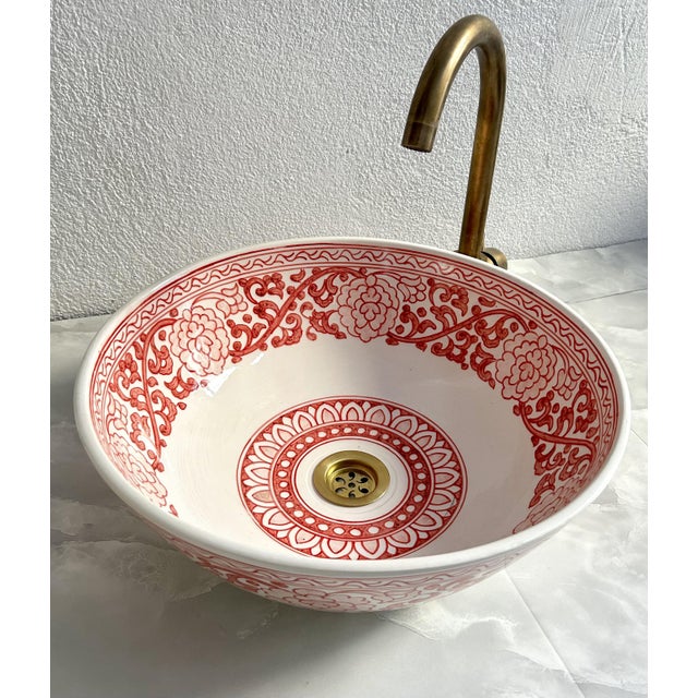 Moroccan Pink Flower Handcrafted Vessel Basin Ceramic Modern Style, Moroccan Basin Sink Bowl with Brass Drain For Sale - Image 3 of 10