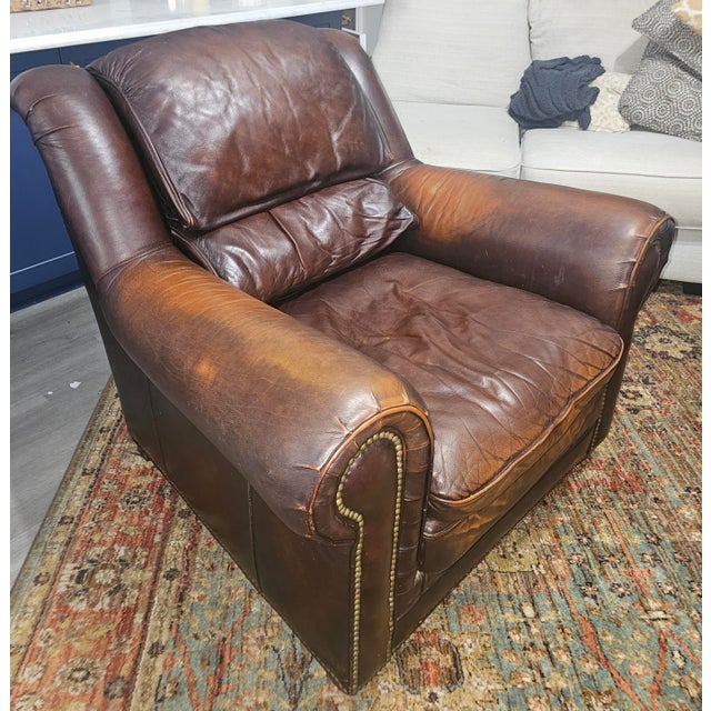 Perfectly Worn Leather & Studded Chair and Matching Ottoman For Sale In Atlanta - Image 6 of 8