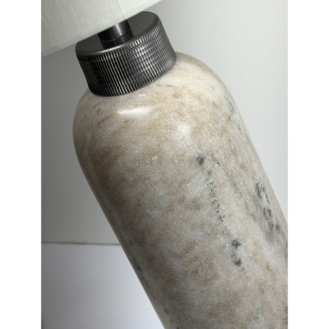 Ralph Lauren Pair of Vintage Cream Marble Column Table Lamps With Textured Gunmetal Hardware and Linen Shades For Sale - Image 4 of 5
