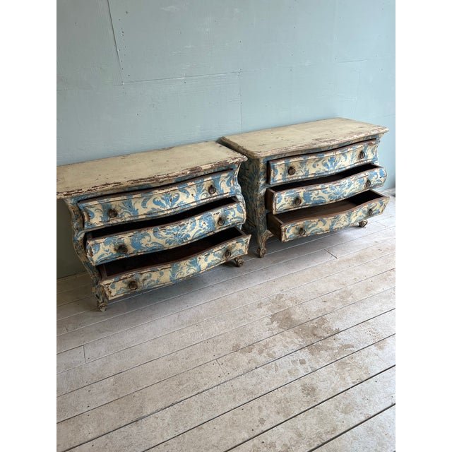 Beautiful Pair of French Bedside Commodes With Blue and White Patina For Sale - Image 4 of 9
