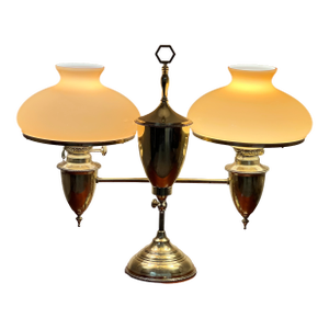 Antique Bradley and Hubbard Brass Double-Arm Student Lamp With Carmel Shades