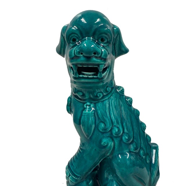 Vintage Chinese Porcelain Green Foo Dog Figurines - A Pair For Sale - Image 4 of 13