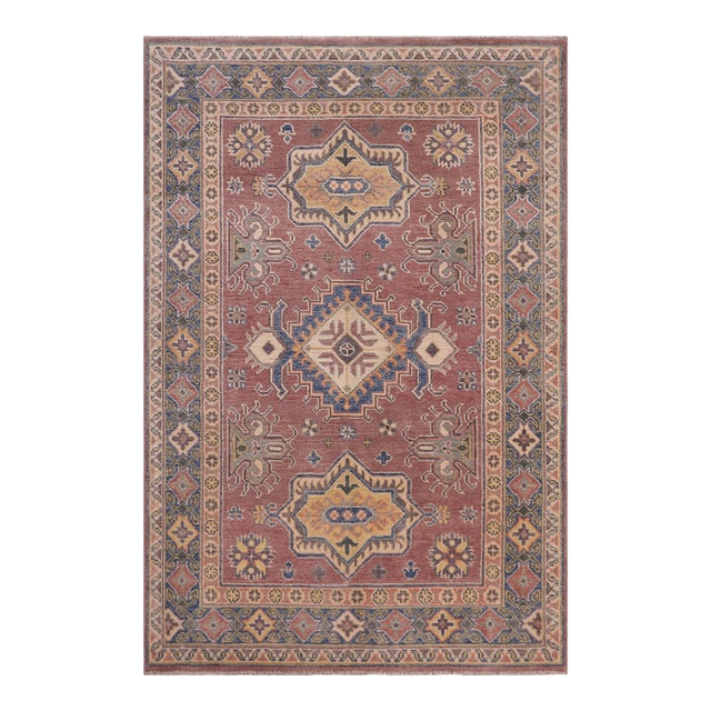 Bohemian Kazak Tribal Light Purpl/Light Blue Wool Rug - 4'0''x5'9'' For Sale