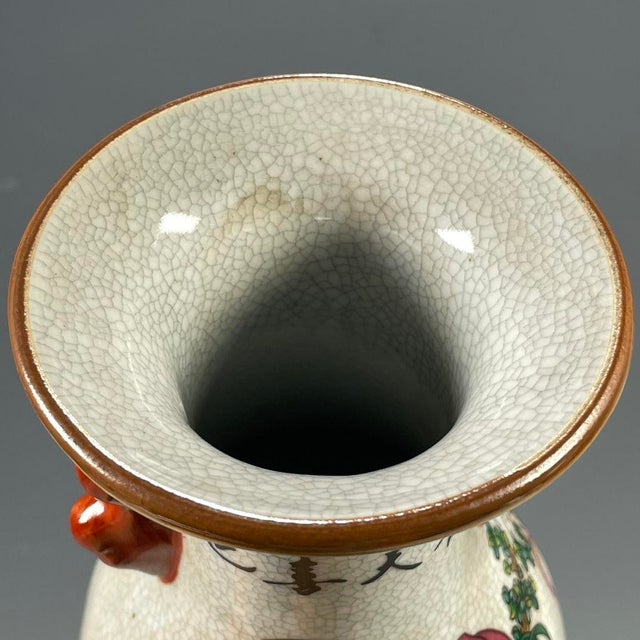 White Vintage Chinese Crackle Glaze Famille Rose "Boys Playing" Vase With Red Handles For Sale - Image 8 of 9