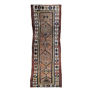 Antique 19th C. Persian Kurdish Tribal Runner Rug, Hand-Knotted Wool, Geometric Pattern, 3x10, Camelhair & Ivory For Sale