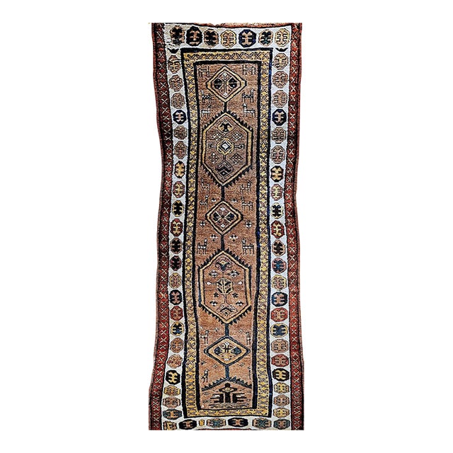 Antique 19th C. Persian Kurdish Tribal Runner Rug, Hand-Knotted Wool, Geometric Pattern, 3x10, Camelhair & Ivory For Sale