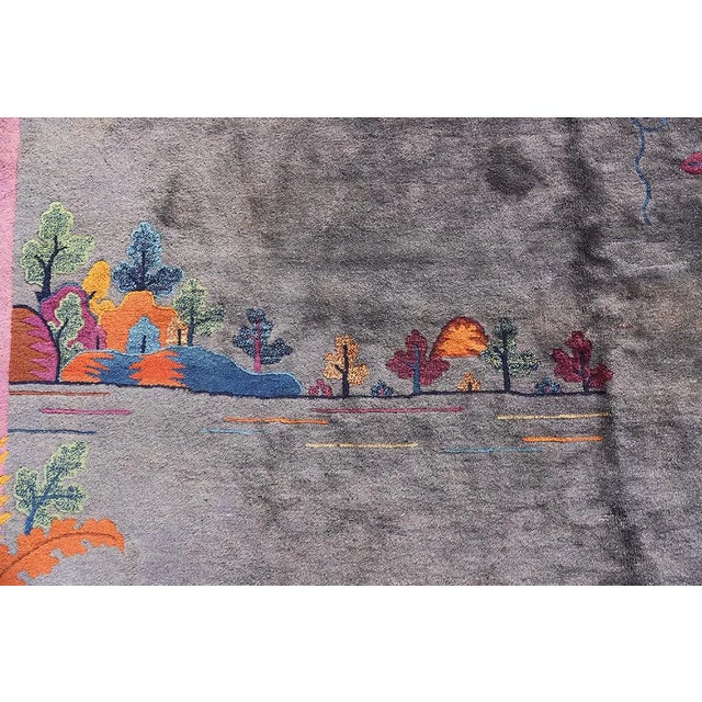 1920s Gray and Pink Pictorial Vintage Chinese Art Deco Wool Area Rug 7'11" X 9'06" For Sale - Image 4 of 4