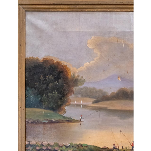 Paint 19th Century American Naive Folk Art Landscape Painting With Fishermen For Sale - Image 7 of 18