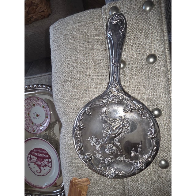 Silverplated Hand Mirror Decorated With a Cherub For Sale - Image 10 of 10