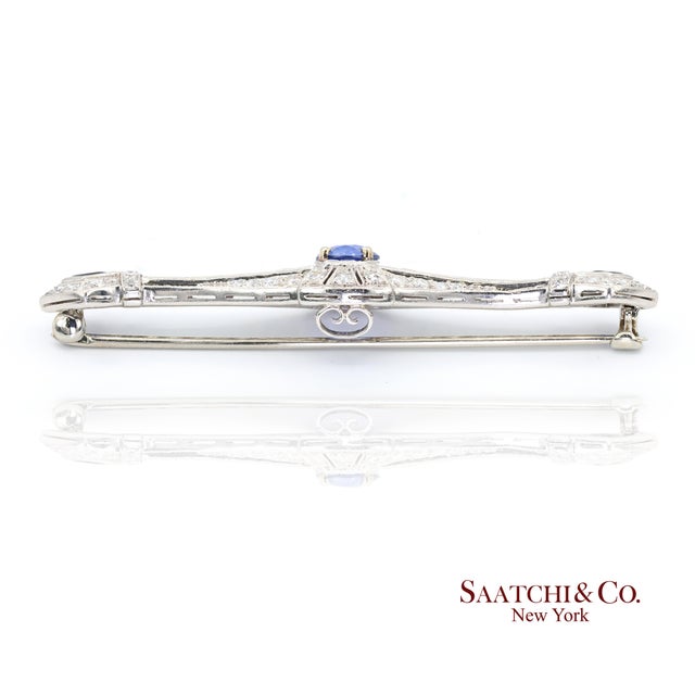 Mid 20th Century Mid 20th Century Platinum 950 Natural Sapphire and Diamond Brooch For Sale - Image 5 of 9