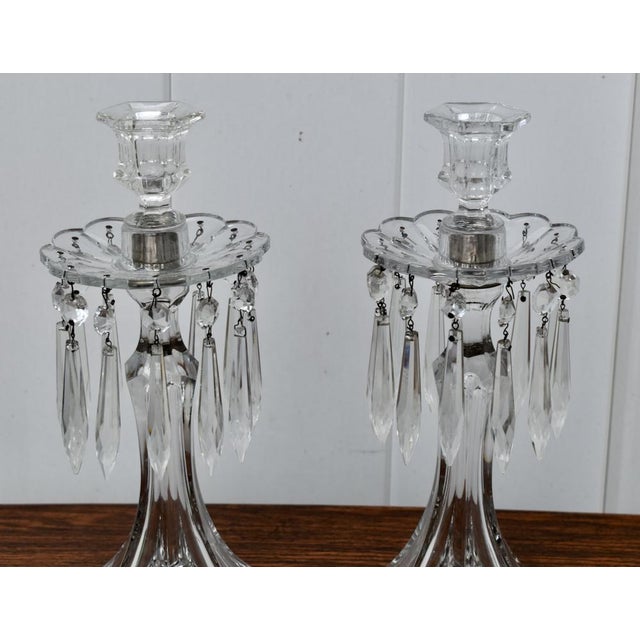 Vintage Art Nouveau Style Pair of Crystal Candlesticks W/Hanging Prisms For Sale - Image 9 of 12