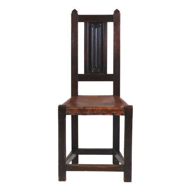Arts & Crafts Oak and Leather Arrow Head Side Chair, 1890s For Sale