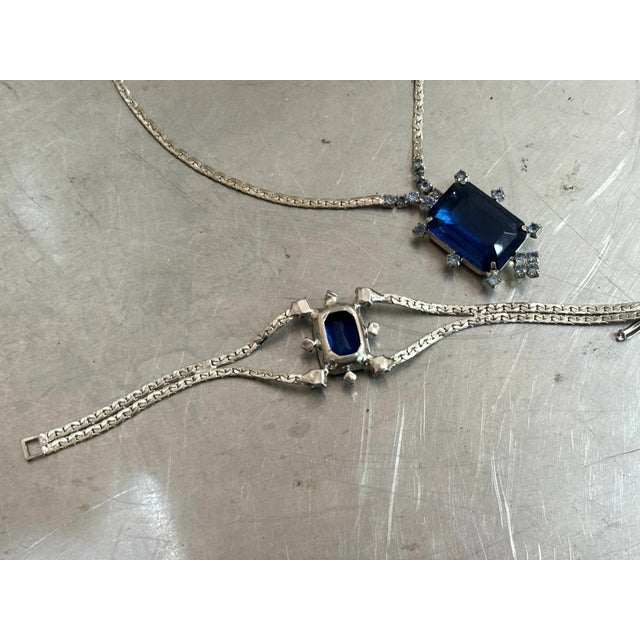 1950s Blue Rhinestone/Silver Tone Jewelry Set W/ Necklace, Earrings & Bracelet For Sale - Image 6 of 7