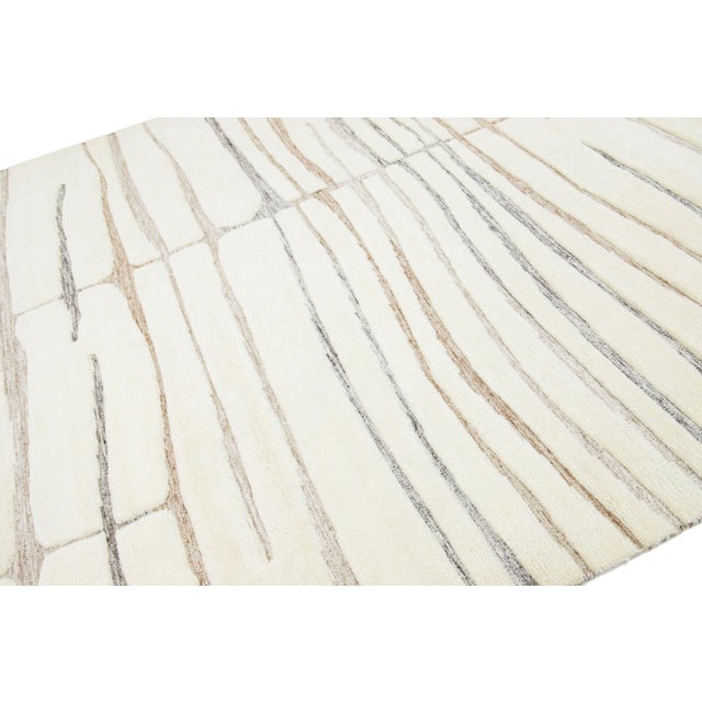 Moroccan Ivory Modern Moroccan-Style Wool Rug Handmade With a Striped Design by Apadana For Sale - Image 3 of 9