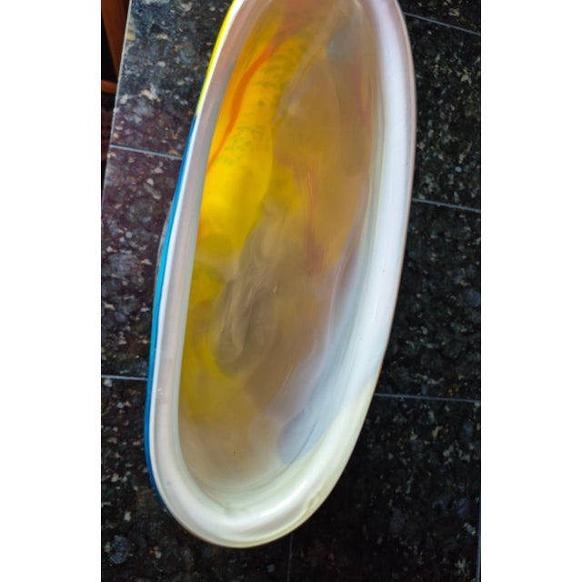 Late 20th Century Contemporary Hand-Blown Murano Style Post Modern Art Glass Flattened Pillow Vase – Yellow, Plum & Cobalt Blue (Jg) For Sale - Image 5 of 10