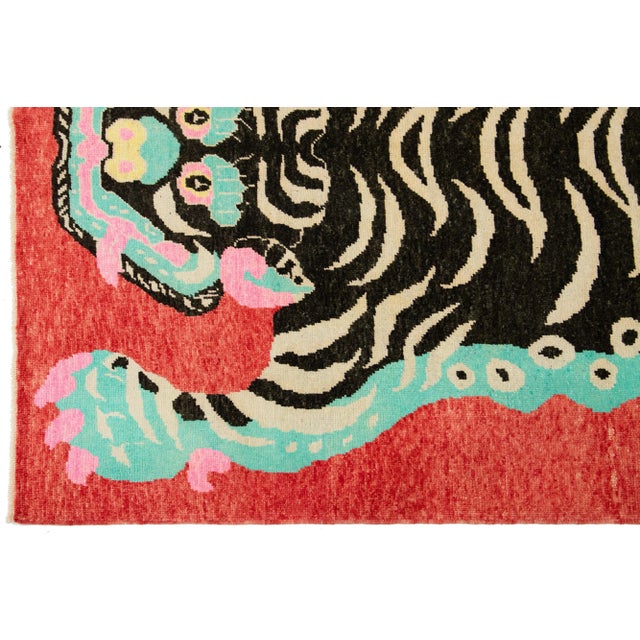 Contemporary Pictorial Designed Handmade Wool Rug in Red For Sale In New York - Image 6 of 10