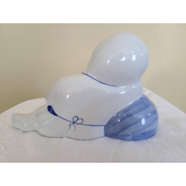 Ceramic 1980s Thai Blue & White Sleeping Boy Piggy Bank Figurine For Sale - Image 7 of 13