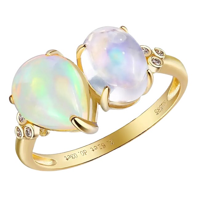 Kai Fortune Rainbow Blue Moonstone Fire Opal Diamond Toi Et Moi Ring in 14k Solid Gold, size 4.5 For Sale