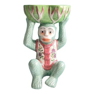 Late 20th Century Chinoiserie Porcelain Monkey Holding Bowl For Sale