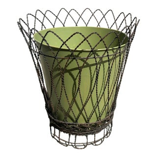 Vintage Wire Basket W/Green Planter Pot Liner For Sale