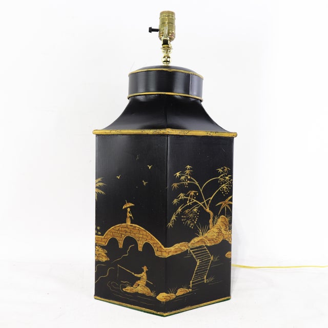 Metal Pair of Vintage English Export Chinoiserie Hexagonal Tea Caddy Table Lamps No. 5 & 6 For Sale - Image 7 of 15