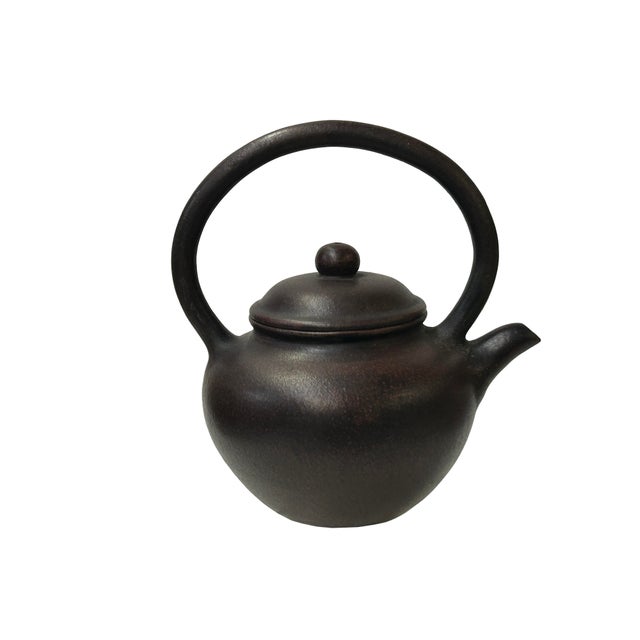 Chinese Handmade Dark Brown Zisha Clay Arch Handle Display Teapot Art For Sale - Image 4 of 13