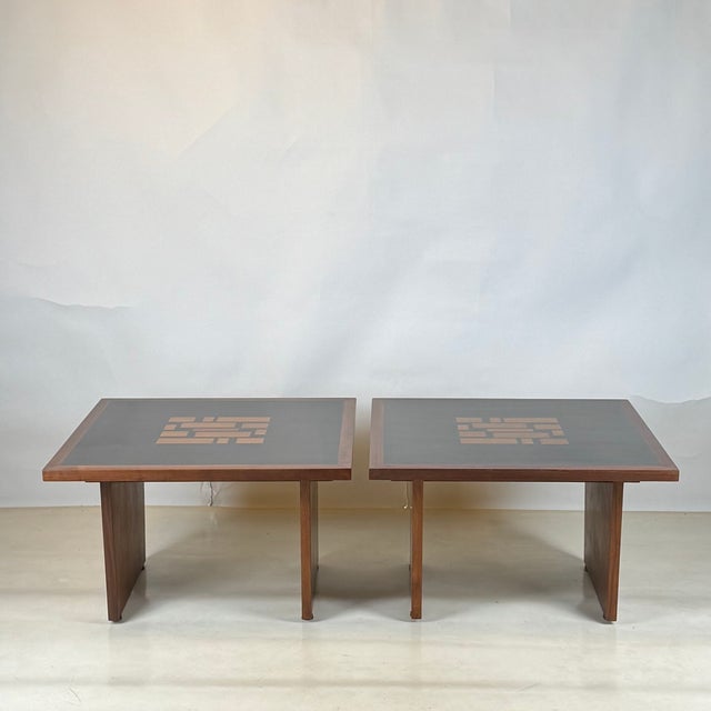 1970s Pair of Black Resin and Walnut Inlay End Tables Attributed to Frank Rohloff For Sale In Los Angeles - Image 6 of 12