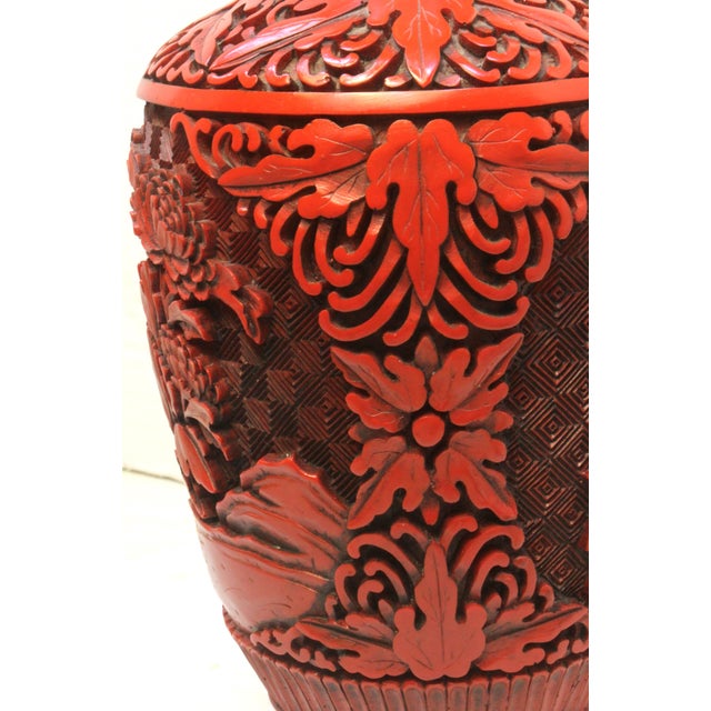 1980s Floral Cinnabar-Style MCM Asian Revival Style Molded Baluster Vase For Sale - Image 17 of 18