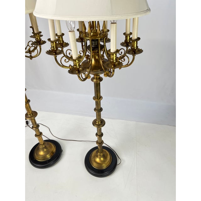 Mid 20th Century Neoclassical 10-Light Brass Candelabra Floor Lamps With Shades - a Pair For Sale - Image 11 of 17