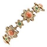 Rose Gold Flower Bracelet with Diamonds and Emeralds For Sale