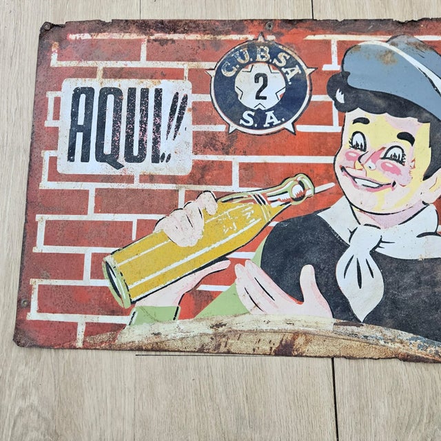Hand-Painted Advertising Tin Sign by Aqui, 1920s For Sale - Image 4 of 6