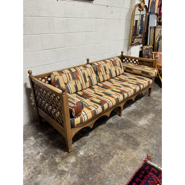 Super fly Moroccan style sofa by Drexel. Original tags. Appears to have been reupholstered. Funky dark green, rust amd...