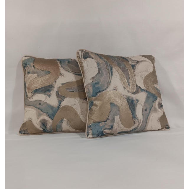 Fabulous Marbelized golden teal swirls of cotton and linen canvas (fabric made in India) 20 x 20 /Down Filled Pillows,...