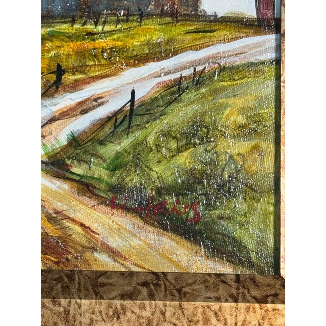 Original oil on canvas: an autumn landscape with a dirt farm track leading toward a red-roofed barn, in a palette of...