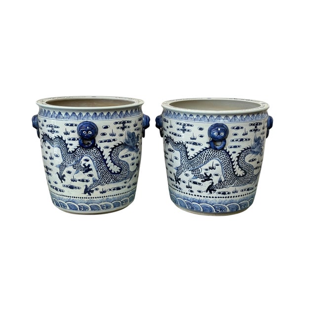 Contemporary Large Chinoiserie Coastal Blue & White Planters - A Pair For Sale - Image 4 of 8