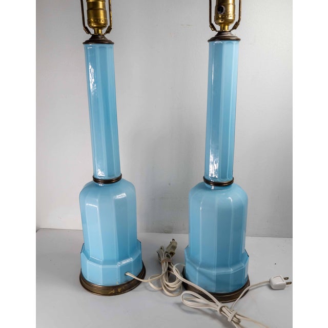 Modern Early 20th Century Pair of French Baby Sky Blue Opaline Glass Table Lamps For Sale - Image 3 of 14