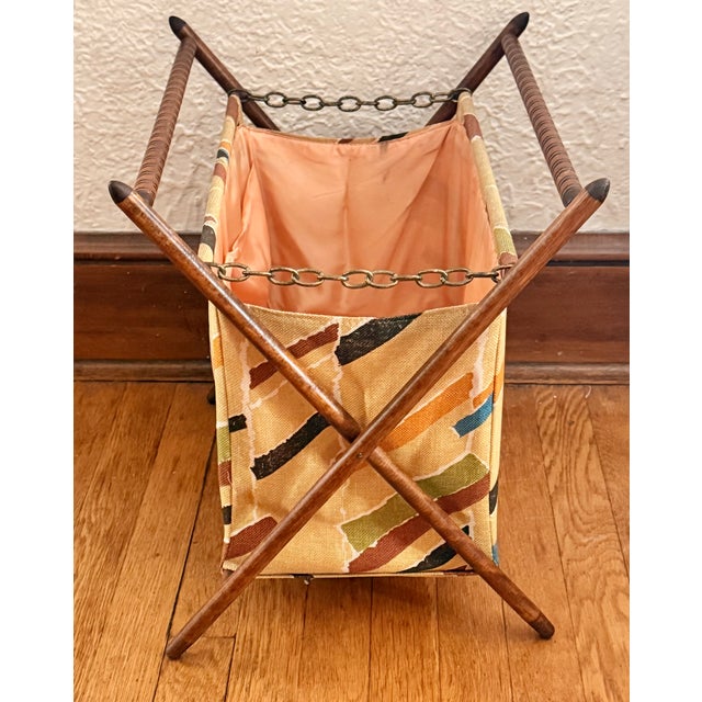 Mid-Century Modern Vintage Midcentury Sewing Knitting Yarn Caddy Basket With Wooden Folding Frame For Sale - Image 3 of 9