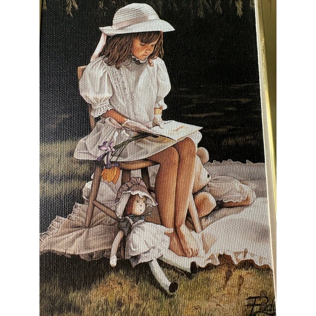 Vintage 1994 “Afternoon Story Time” Canvas Print Painting Art by Melinda Buyers Framed in Brass VTG Frame For Sale - Image 4 of 10