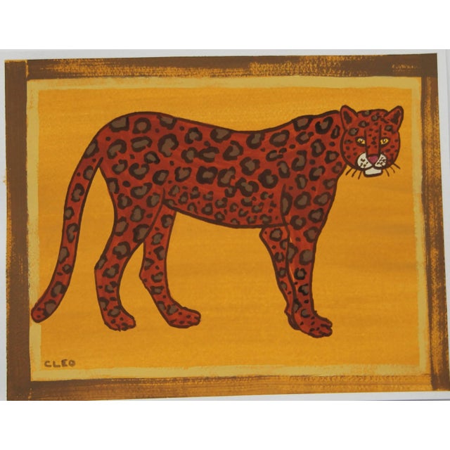 Expressionist painting of a leopard sin Old Master colors et on a bright gold background with a dry brushed raw umber and...